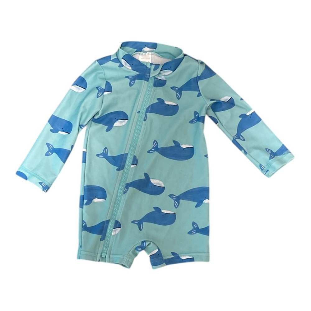 Swimsuit One Piece Baby Boy Teal Green with Blue Whale Print zipper Size 9M